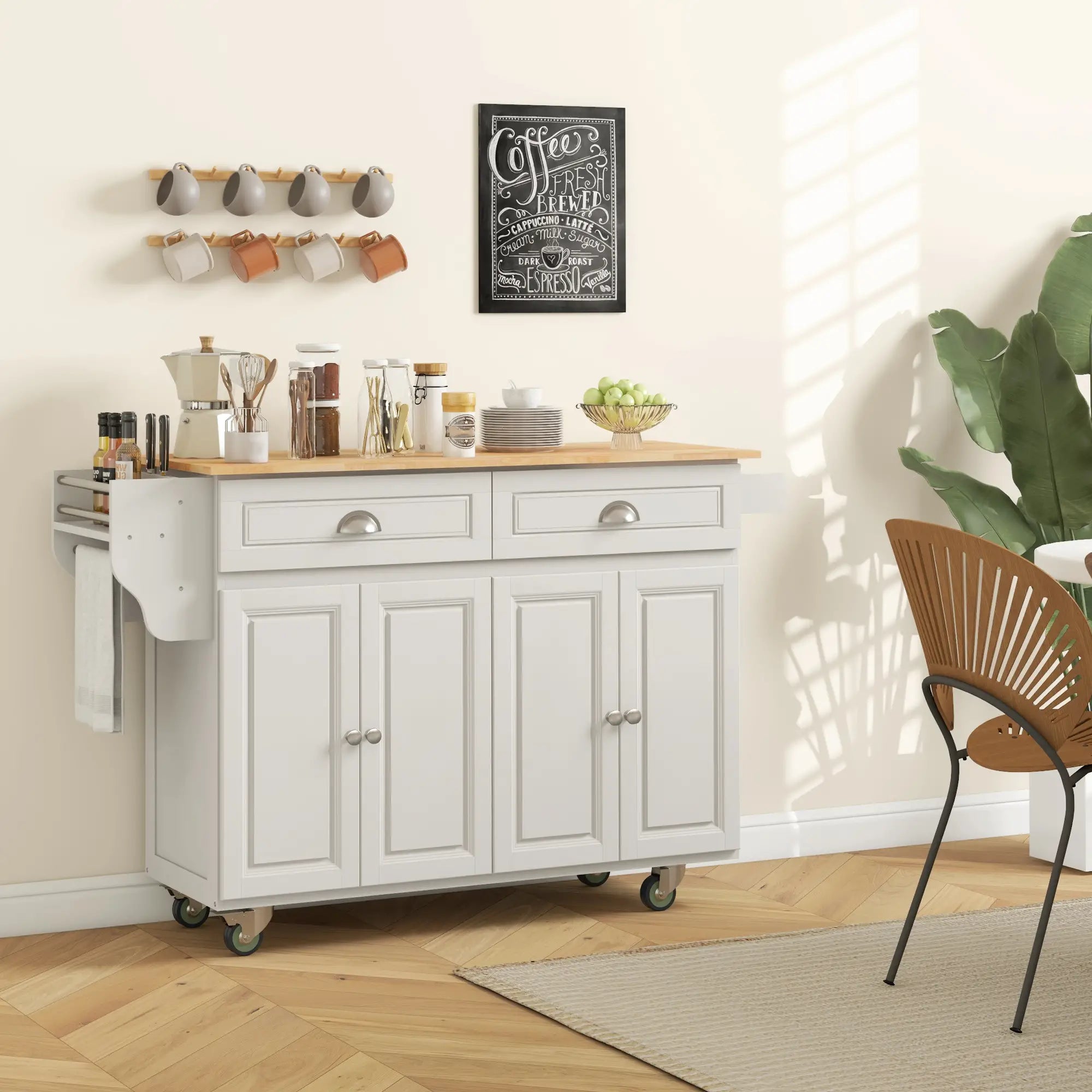 Kitchen Island with Storage, Drop Leaf, Rubber Wood Top, Cream White Kitchen Islands & Kitchen Carts at Gallery Canada