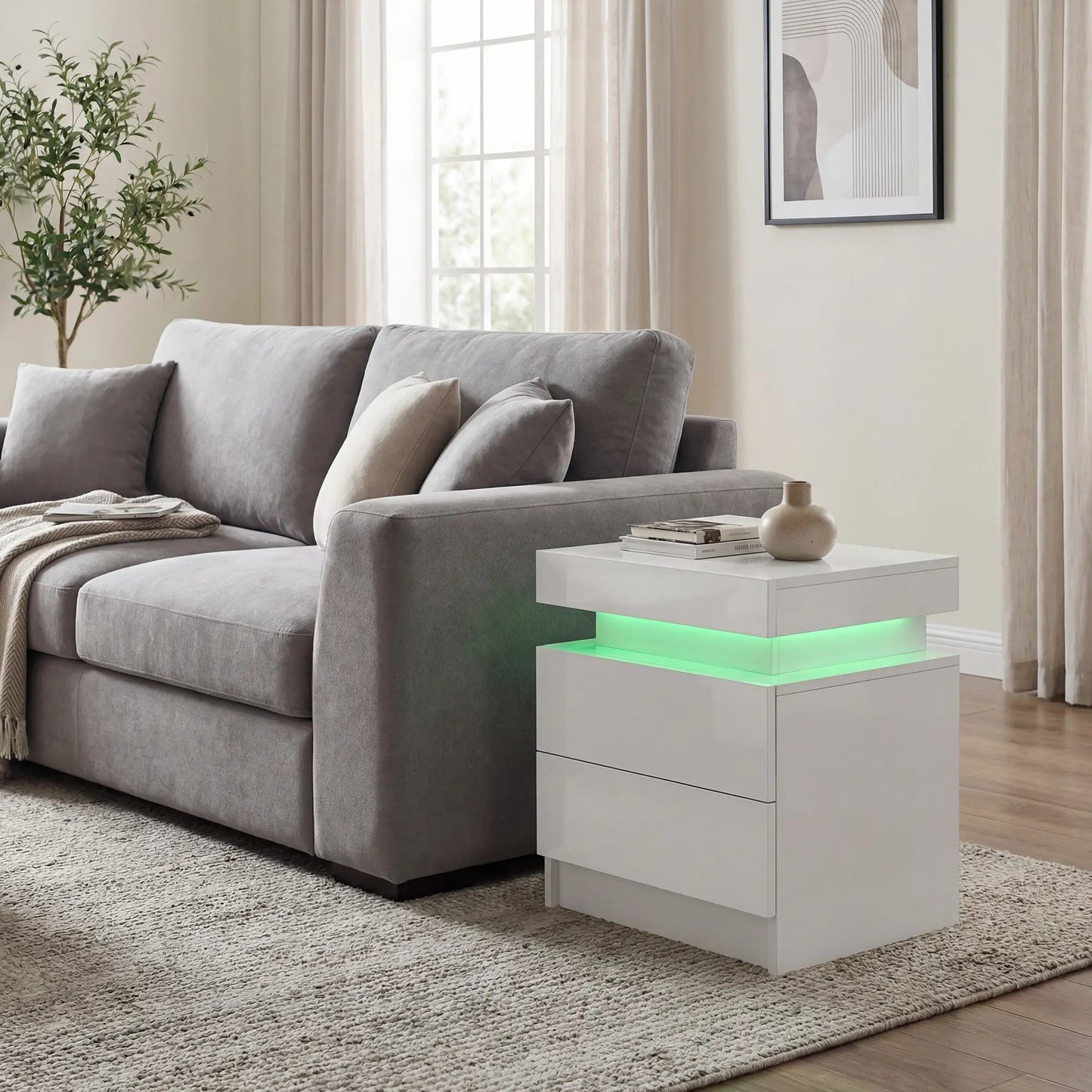 Nightstand with LED Lights, 2 Drawers, White Bedside Tables at Gallery Canada