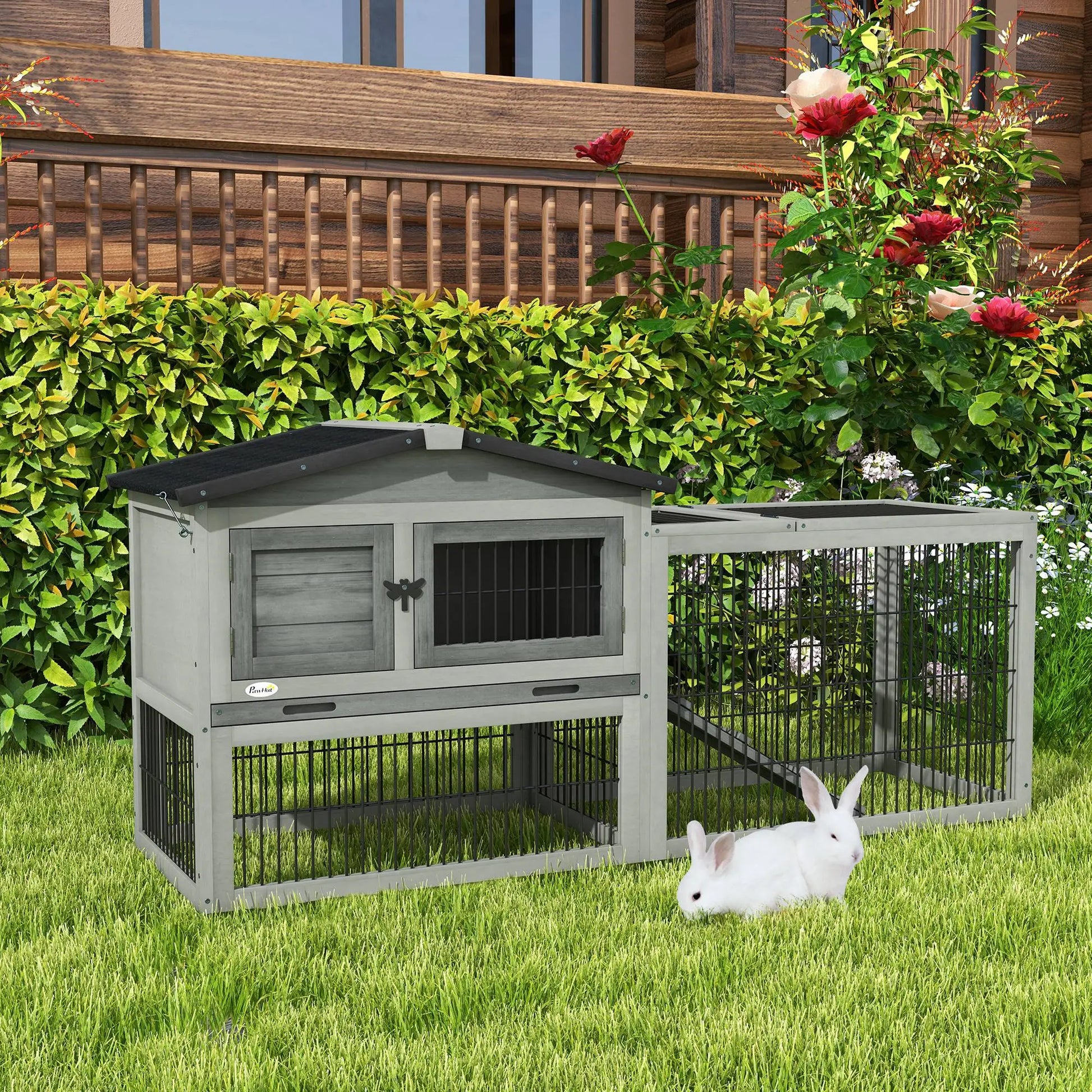 Wood Rabbit Hutch With Ramp, Openable Roof, Pull Out Tray, Light Grey Rabbit Hutch at Gallery Canada