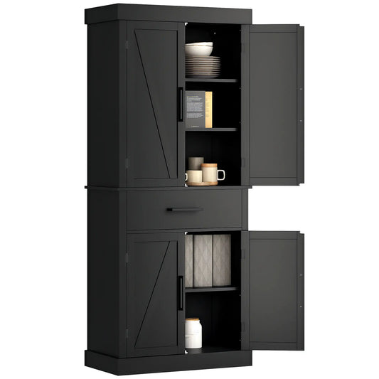 72" Kitchen Storage Cabinet, Farmhouse Pantry, 4 Barn Doors, Drawer, Adjustable Shelves, Black Kitchen Pantry Cabinets Black at Gallery Canada