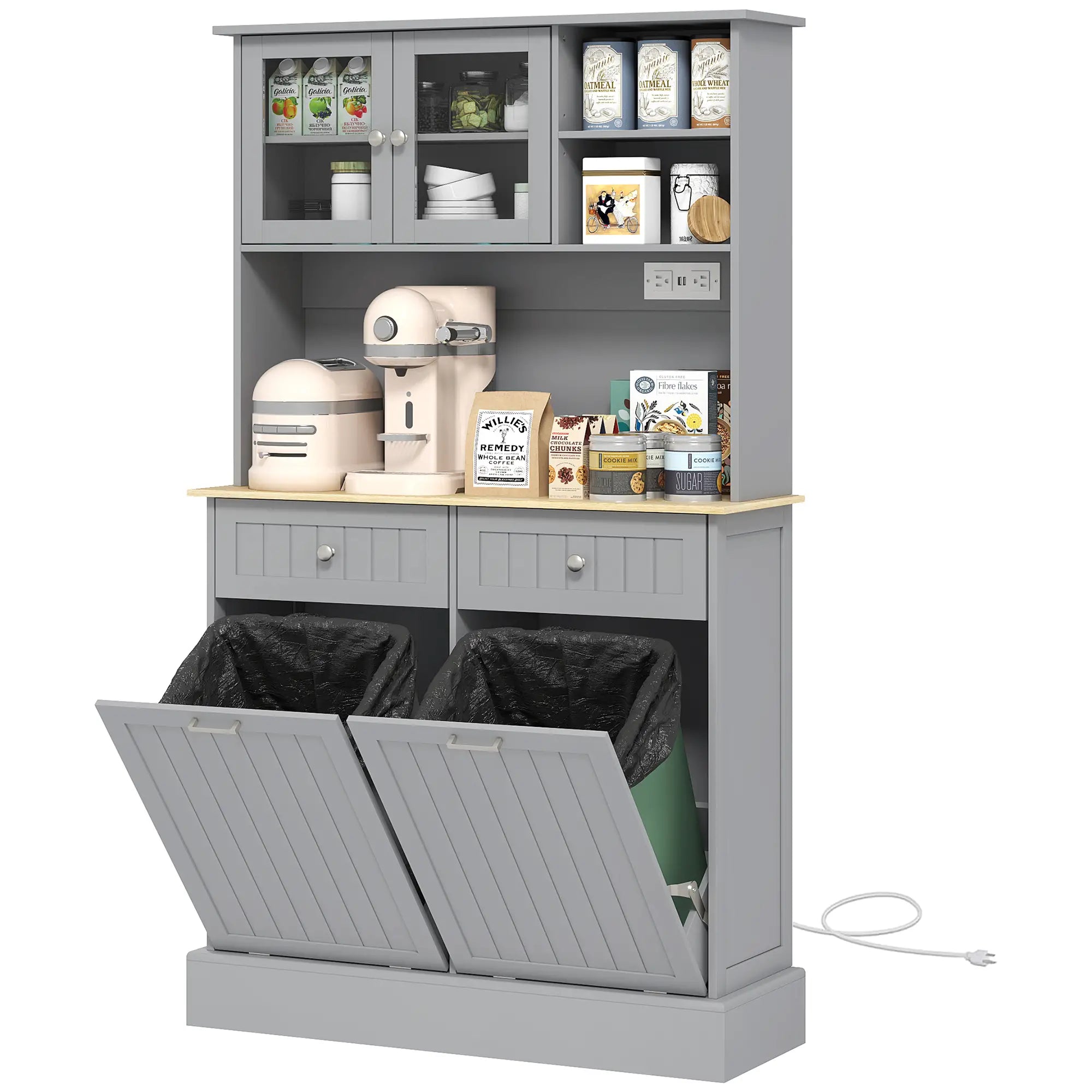 Kitchen Cabinet with Charging Station, 2 Tilt Out Cabinets, Microwave Stand, Grey Kitchen Pantry Cabinets Grey, Nature Wood at Gallery Canada