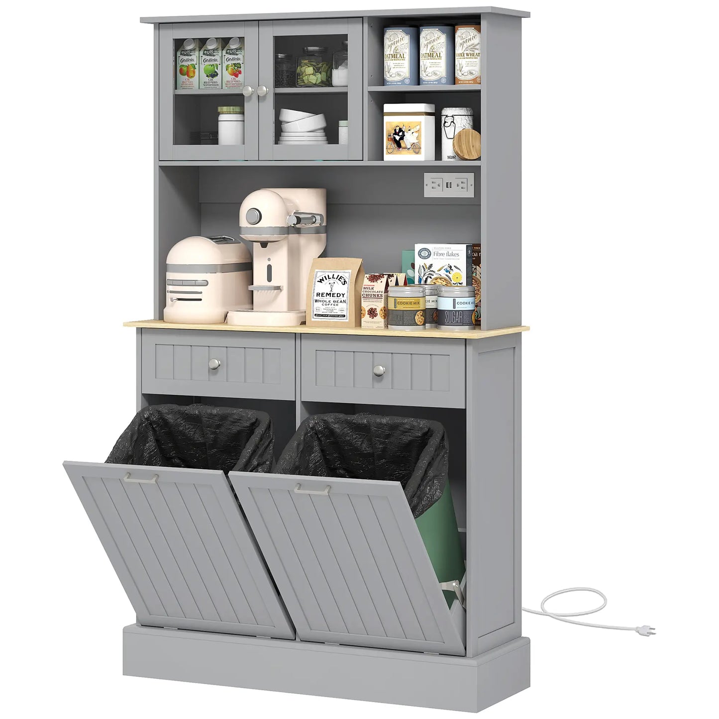 Kitchen Cabinet with Charging Station, 2 Tilt Out Cabinets, Microwave Stand, Grey Kitchen Pantry Cabinets Grey, Nature Wood at Gallery Canada