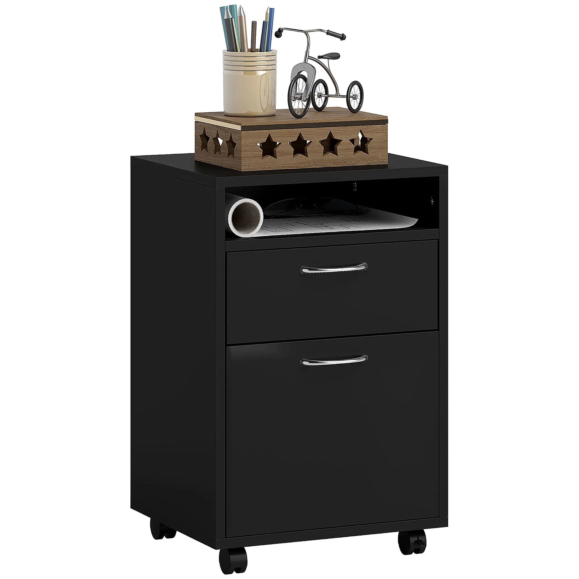 24" Small Filing Cabinet, Open Compartment, Drawer, Wheels, Black Office Cabinets & Cupboards at Gallery Canada