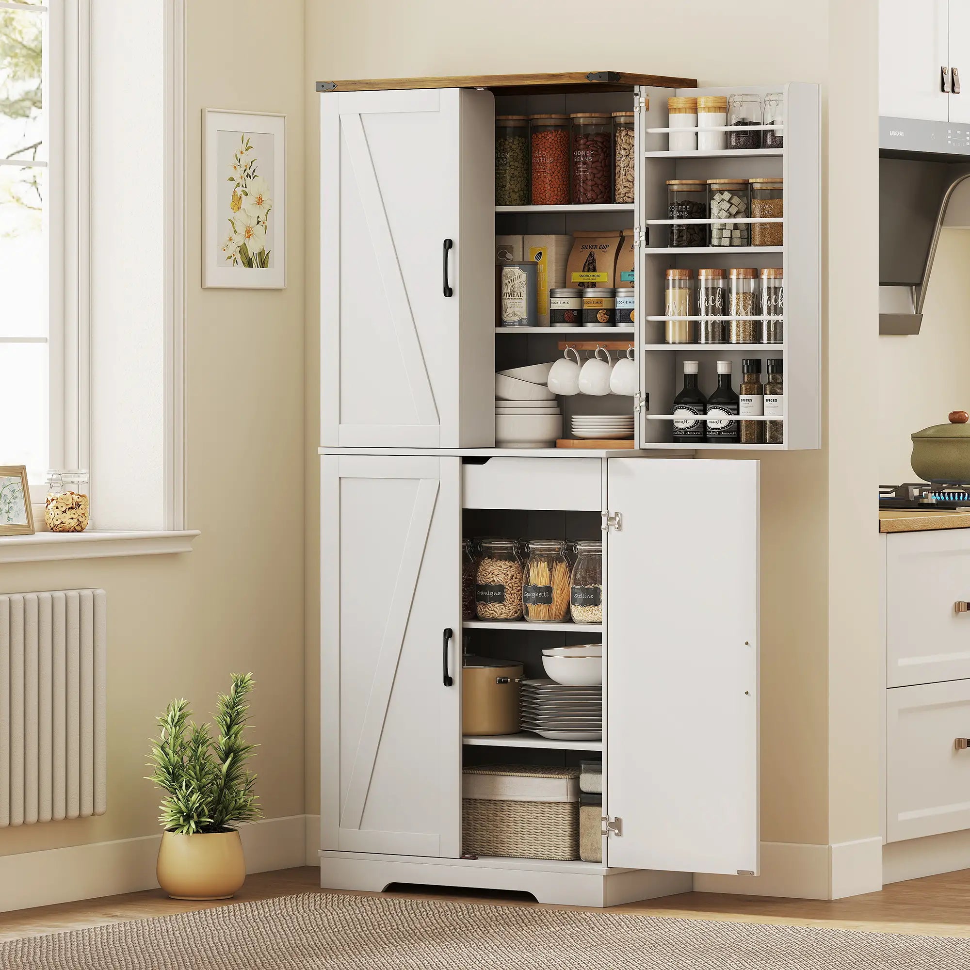 72 Inch Kitchen Pantry Cabinet, Farmhouse Storage with 4 Doors, Drawer, White Kitchen Pantry Cabinets at Gallery Canada