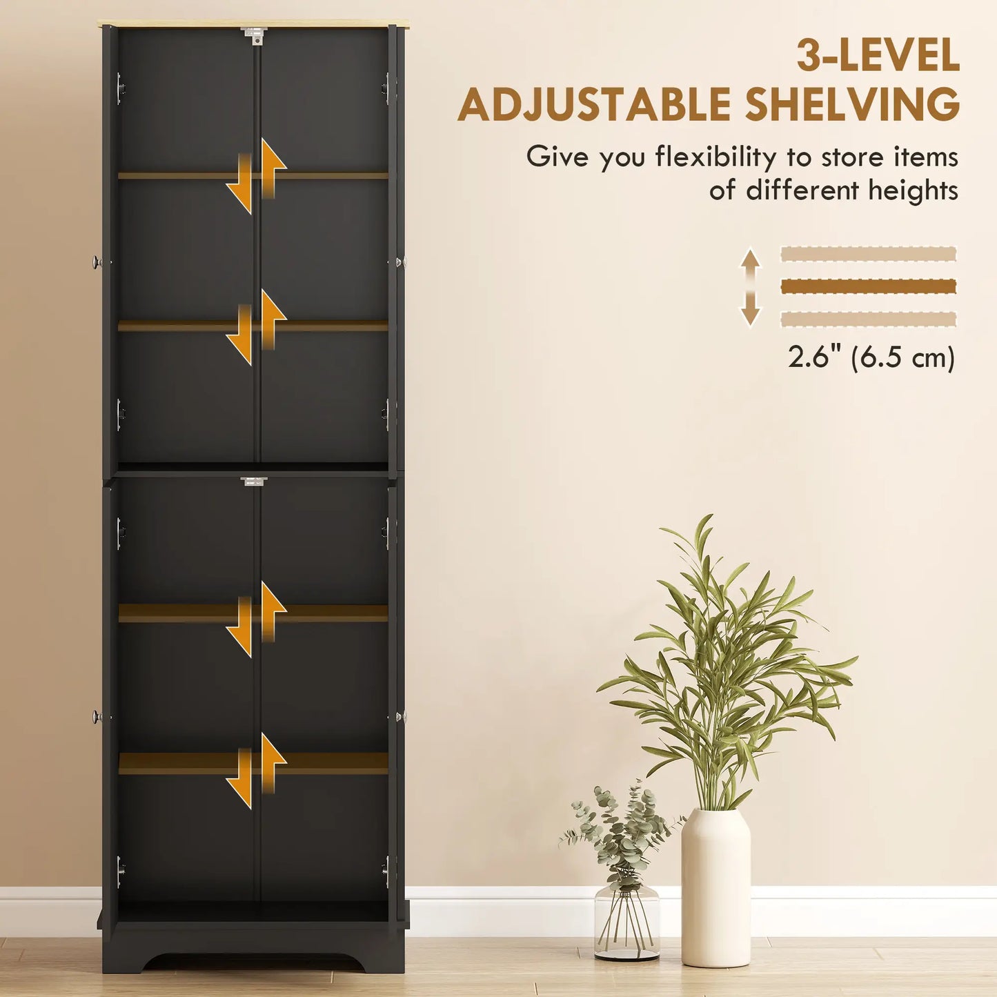 72" Tall Pantry Cabinet, Adjustable Shelves, 4 Doors, Black Kitchen Pantry Cabinets at Gallery Canada