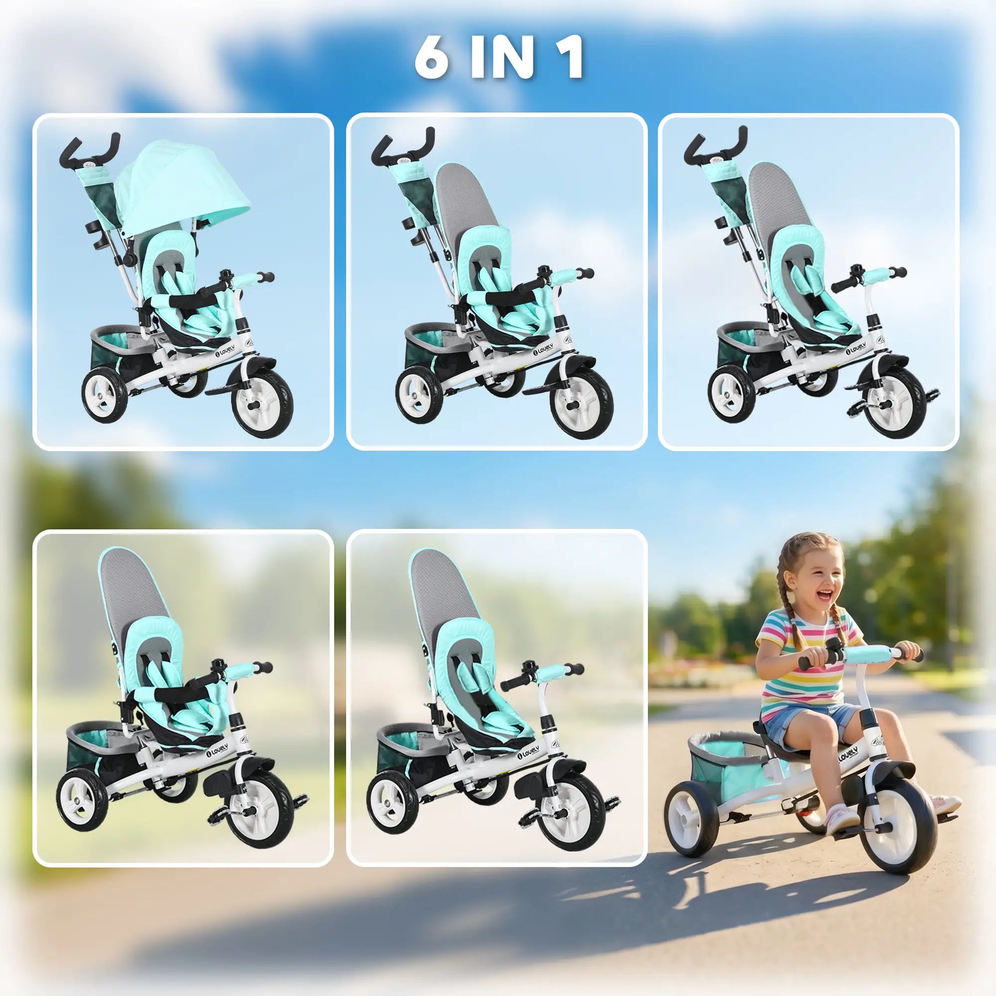 6 in 1 Tricycle for Toddler 1-5 Years, Parent-Push Handle, Green Tricycles for Kids at Gallery Canada