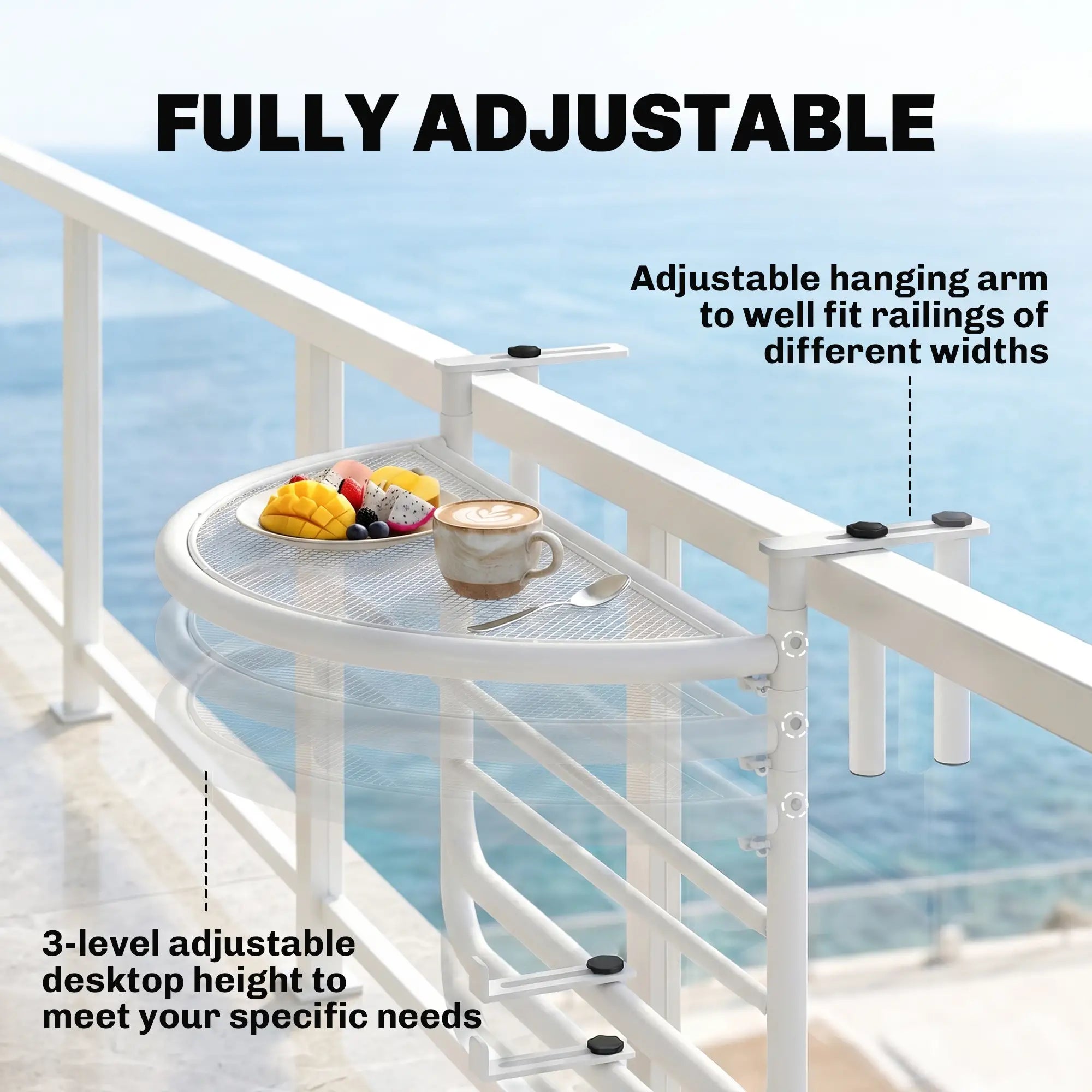 Adjustable Balcony Hanging Table, Metal Wall Desk, Outdoor Flower Stand, Half Round, White Balcony Table Hanging at Gallery Canada