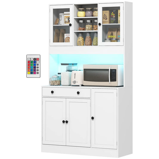 Tall Kitchen Pantry with LED Light, Freestanding Cabinet, White Kitchen Pantry Cabinets White at Gallery Canada