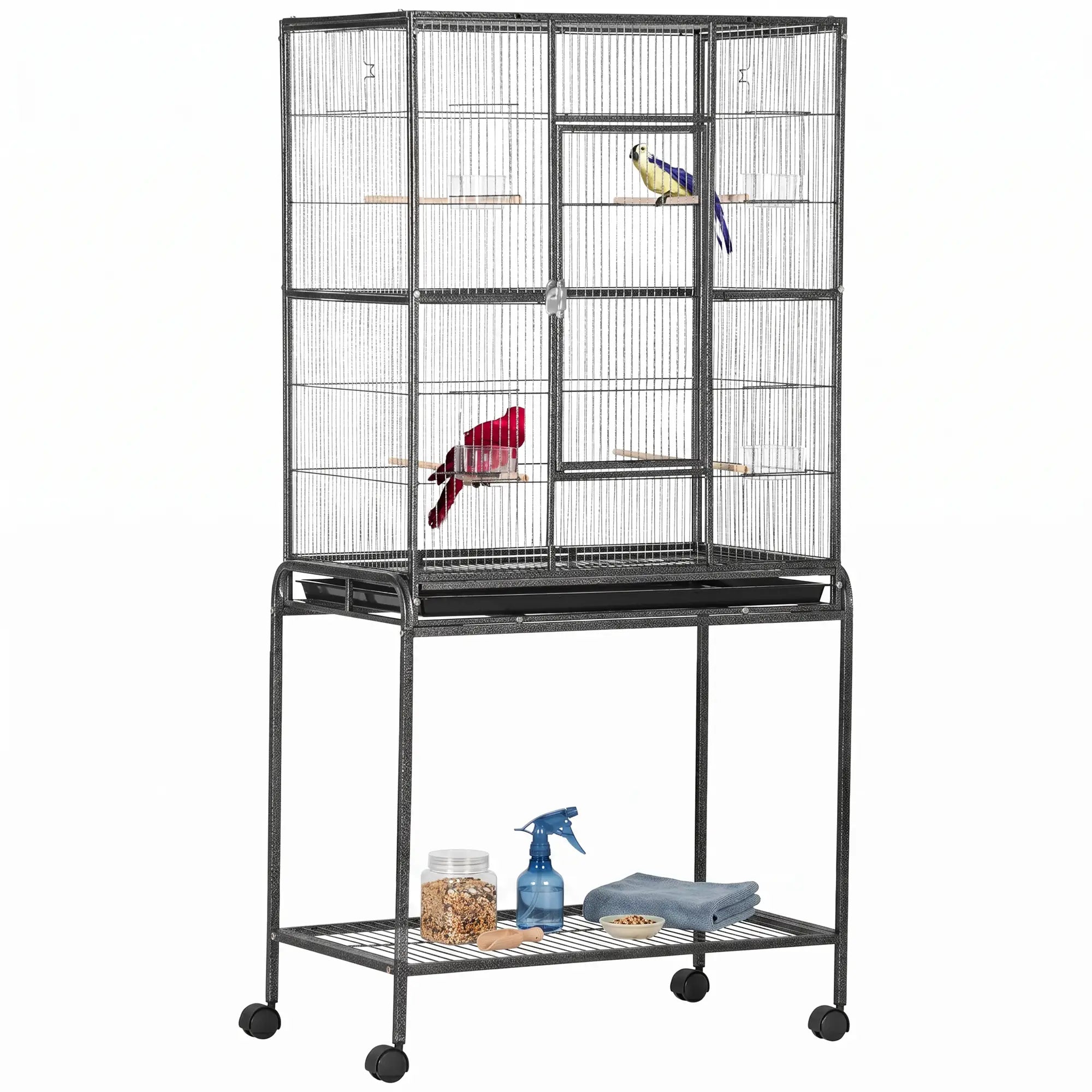 30'' Large Rolling Metal Bird Cage, Detachable Stand, Storage Shelf, Black Bird Cages Black, Gray at Gallery Canada