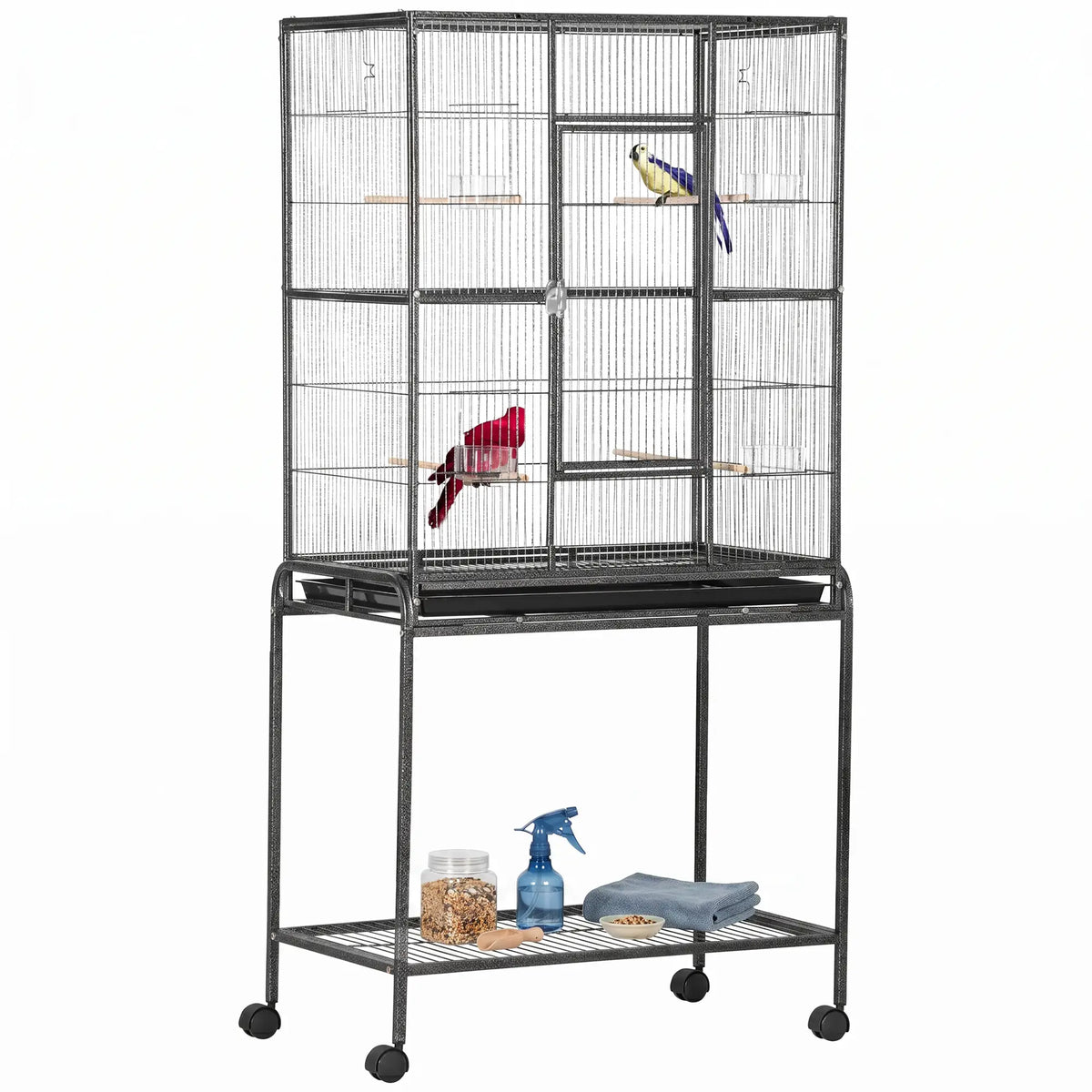 30'' Large Rolling Metal Bird Cage, Detachable Stand, Storage Shelf, Black Bird Cages Black, Gray at Gallery Canada