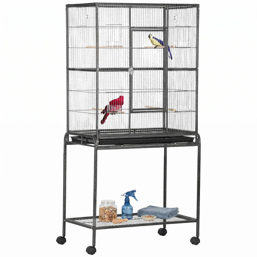 30'' Large Rolling Metal Bird Cage, Detachable Stand, Storage Shelf, Black
