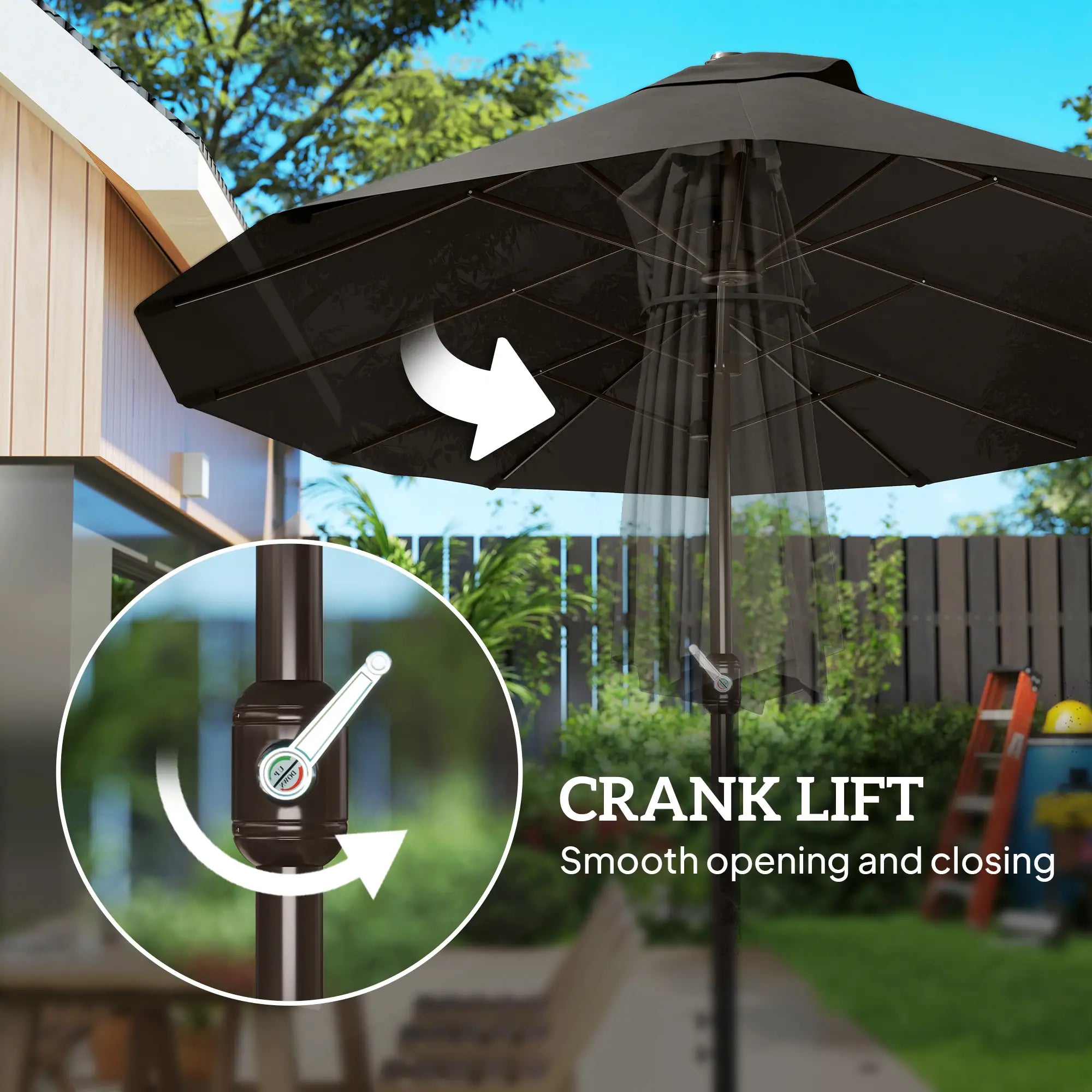 15' Outdoor Patio Umbrella, Twin Canopy Sunshade, Steel Table, Lift Crank, Dark Grey Sun Umbrellas at Gallery Canada