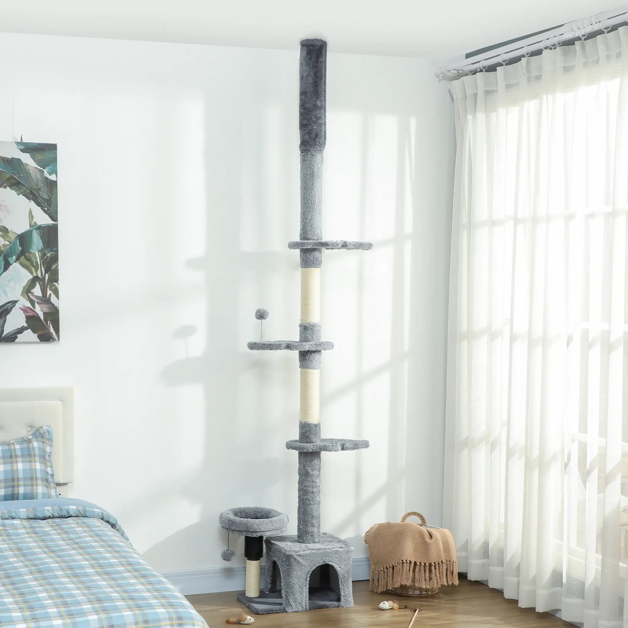 Floor to Ceiling Cat Tree, 4 Tiers, Adjustable Height 87-100