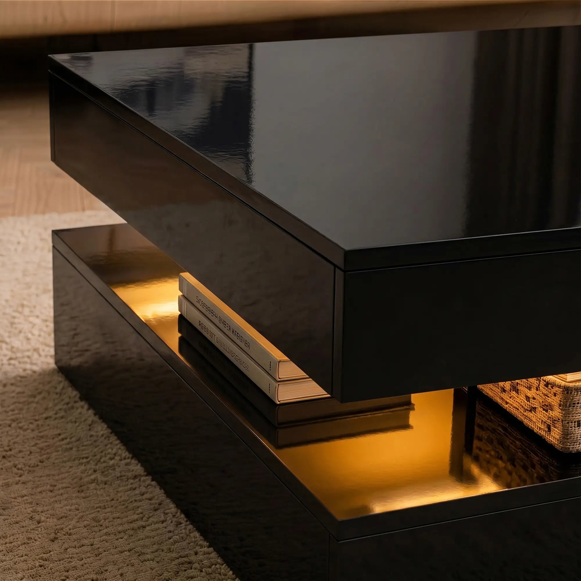 LED Coffee Table with Storage, 2-Tier Modern Center Table with Open Shelf and Remote for Living Room, High Gloss Black Coffee Tables at Gallery Canada