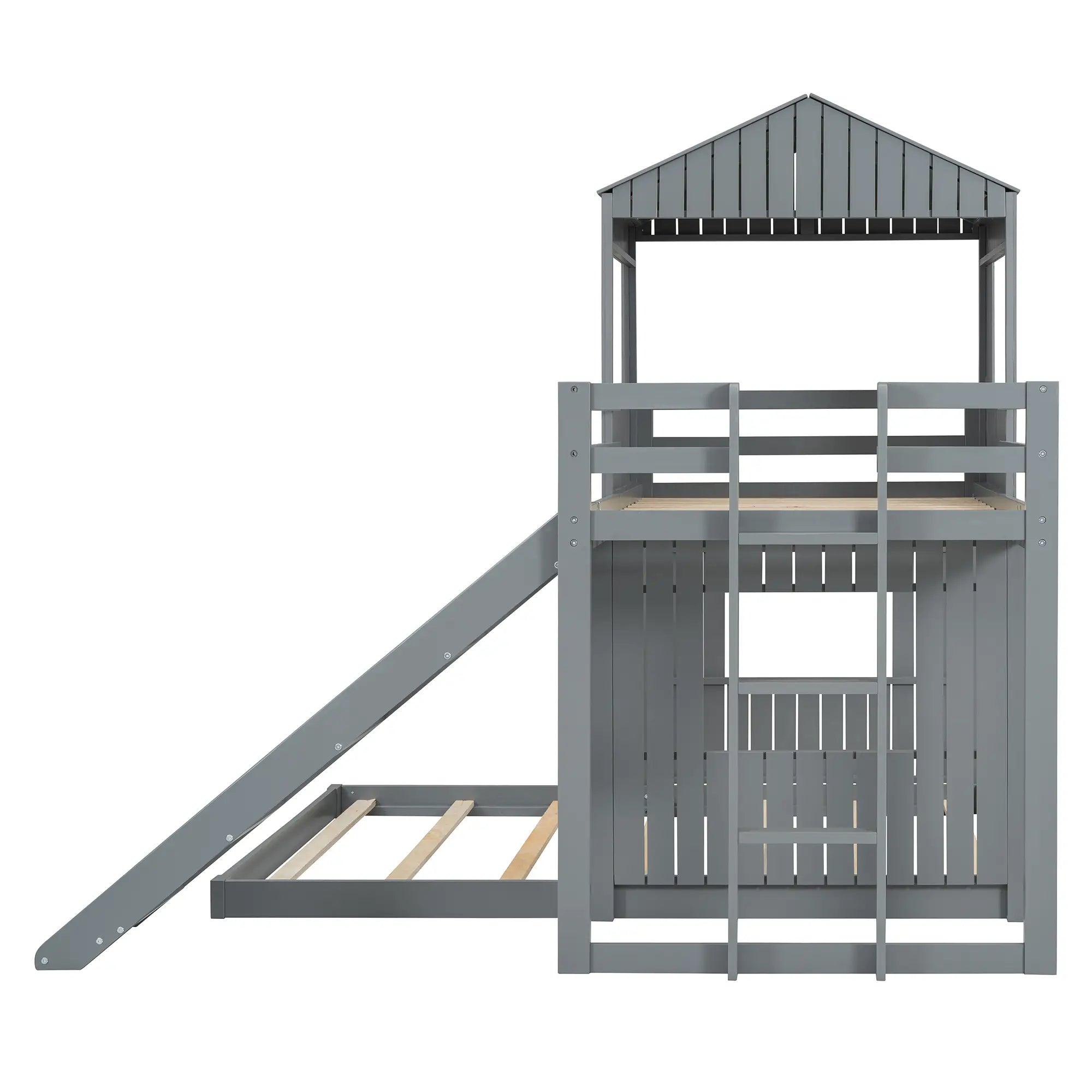 Twin Over Full Bunk Bed with Playhouse, Ladder, Slide, Guardrails, 82