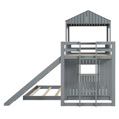 Twin Over Full Bunk Bed with Playhouse, Ladder, Slide, Guardrails, 82" L x 89" W x 82.5" H, Grey Bed Frames at Gallery Canada