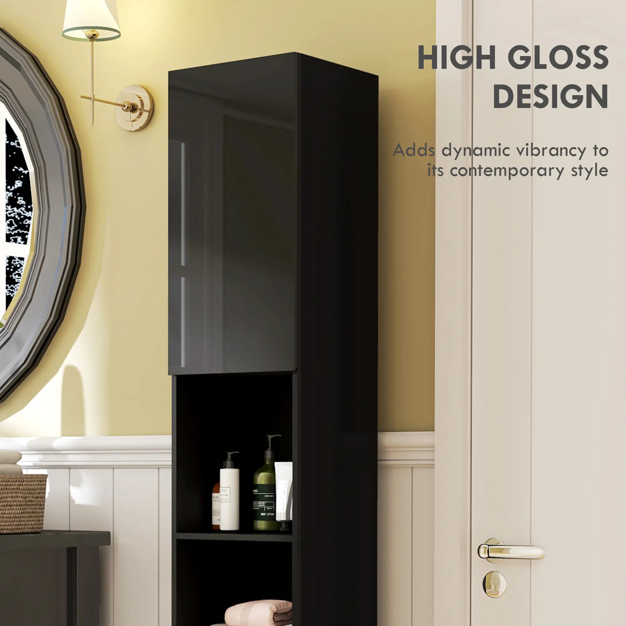 Tall Bathroom Cabinet, High Gloss Storage, Adjustable Shelves, 11.8