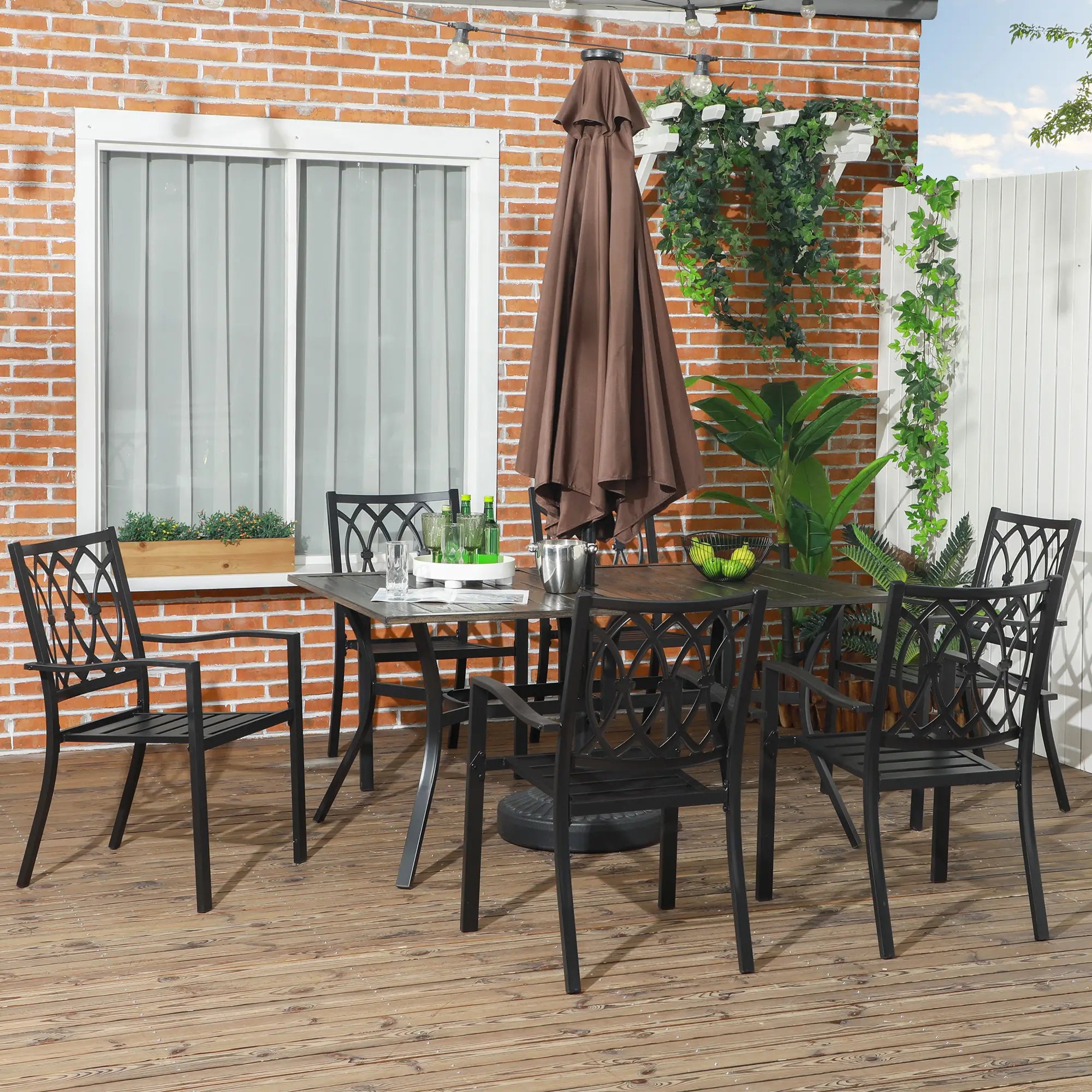 7-Piece Outdoor Dining Set, 6 Stackable Chairs, Wood Grain Top, Brown Outdoor Dining Sets at Gallery Canada