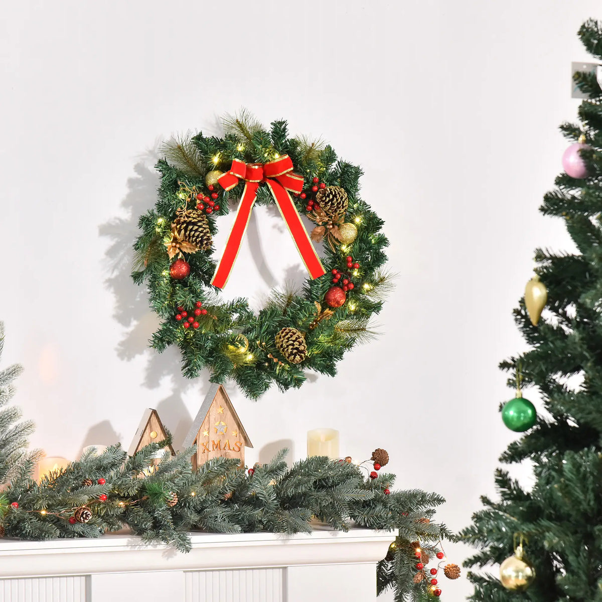 24" Pre-Lit Christmas Wreath, Artificial Greenery, 20 LED Lights, Red Berries Christmas Wreaths at Gallery Canada
