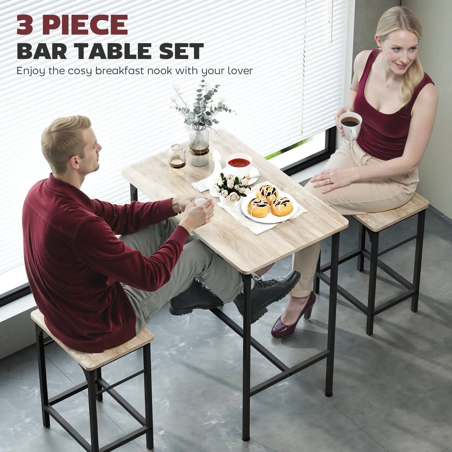 3-Piece Dining Table Set, 2 Stools, Natural Wood, Kitchen Living Room Bar Sets at Gallery Canada