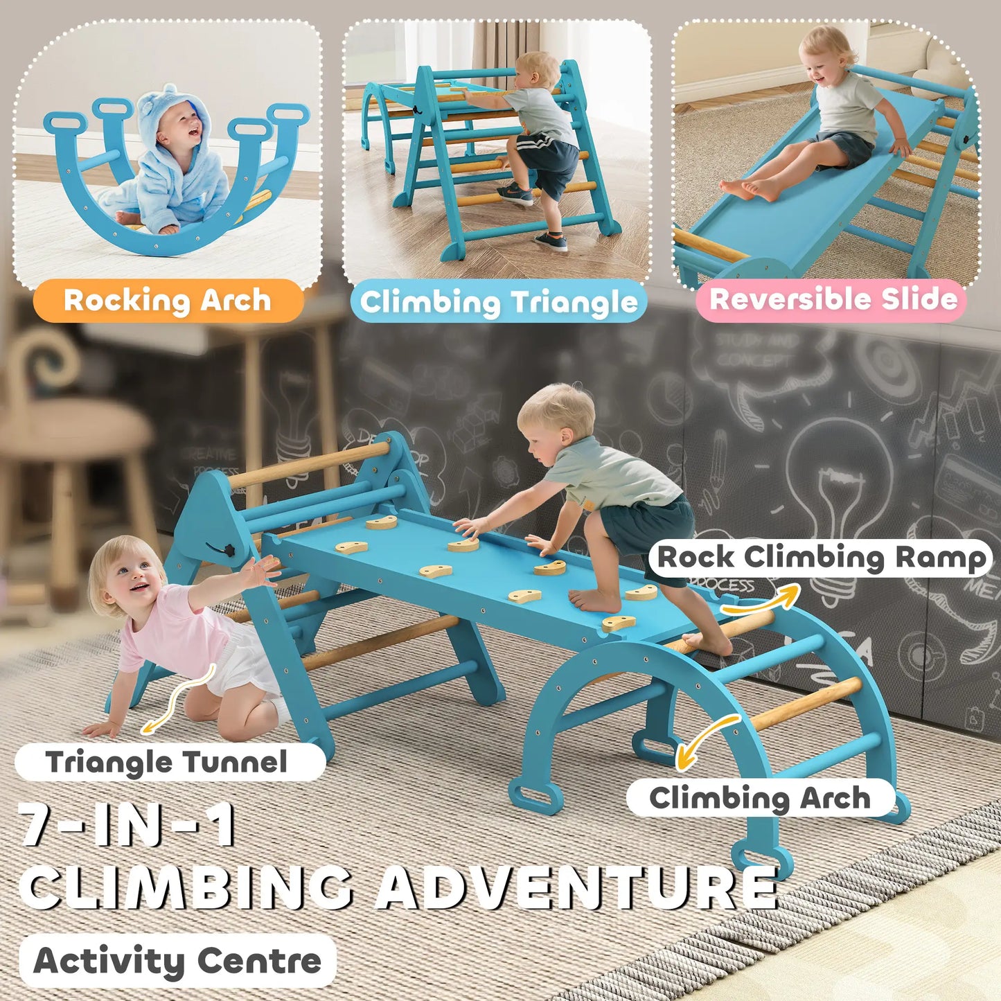 7-in-1 Pikler Triangle Set, Foldable Wooden Climbing Toys, Blue Kids Gym & Playmats at Gallery Canada