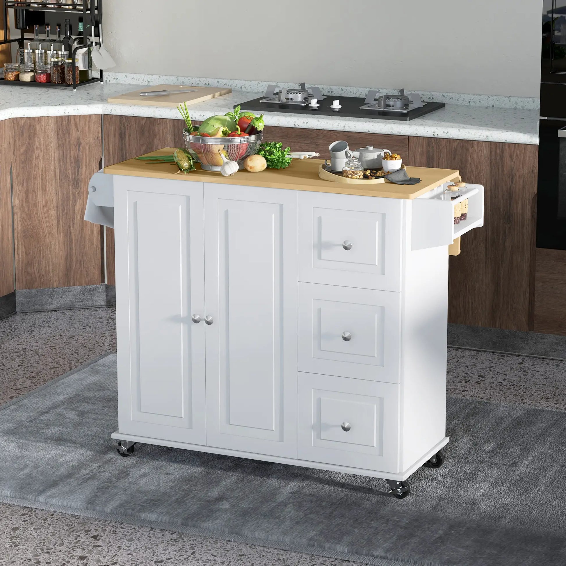 Kitchen Island with Drop Leaf, Rolling Cart, 3 Drawers, White Kitchen Islands & Kitchen Carts at Gallery Canada