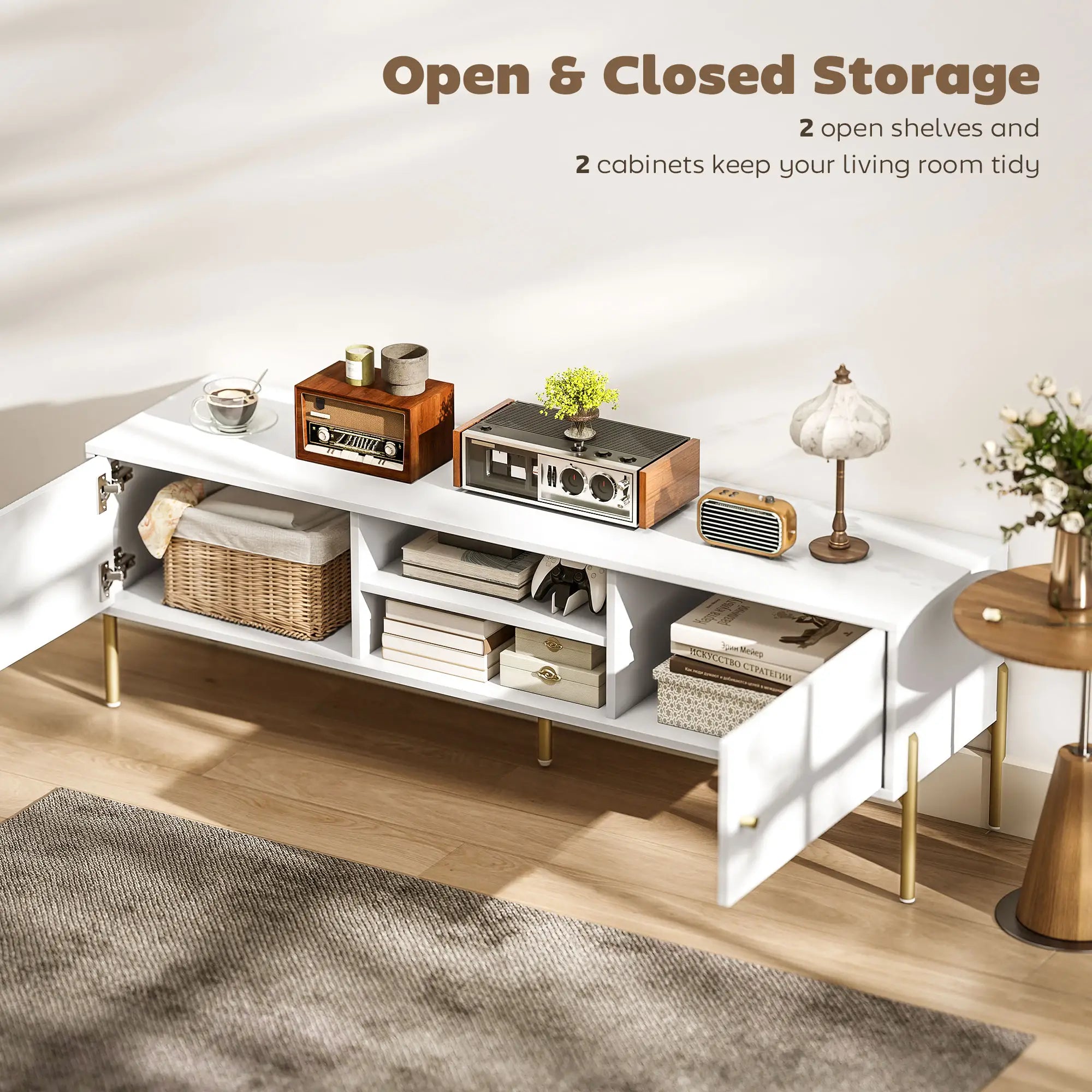 TV Stand for 65 Inch TVs, Entertainment Center with Shelves and Cabinets, White TV Stands at Gallery Canada