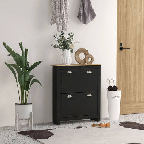 Shoe Cabinet, 2 Flip Drawers, Adjustable Shelves, 12 Pair, Black