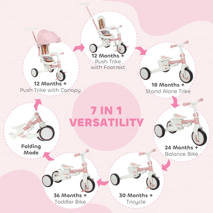 7 in 1 Toddler Tricycle, Safety Harness, Adjustable Parent Handle, Pink Tricycles for Kids at Gallery Canada