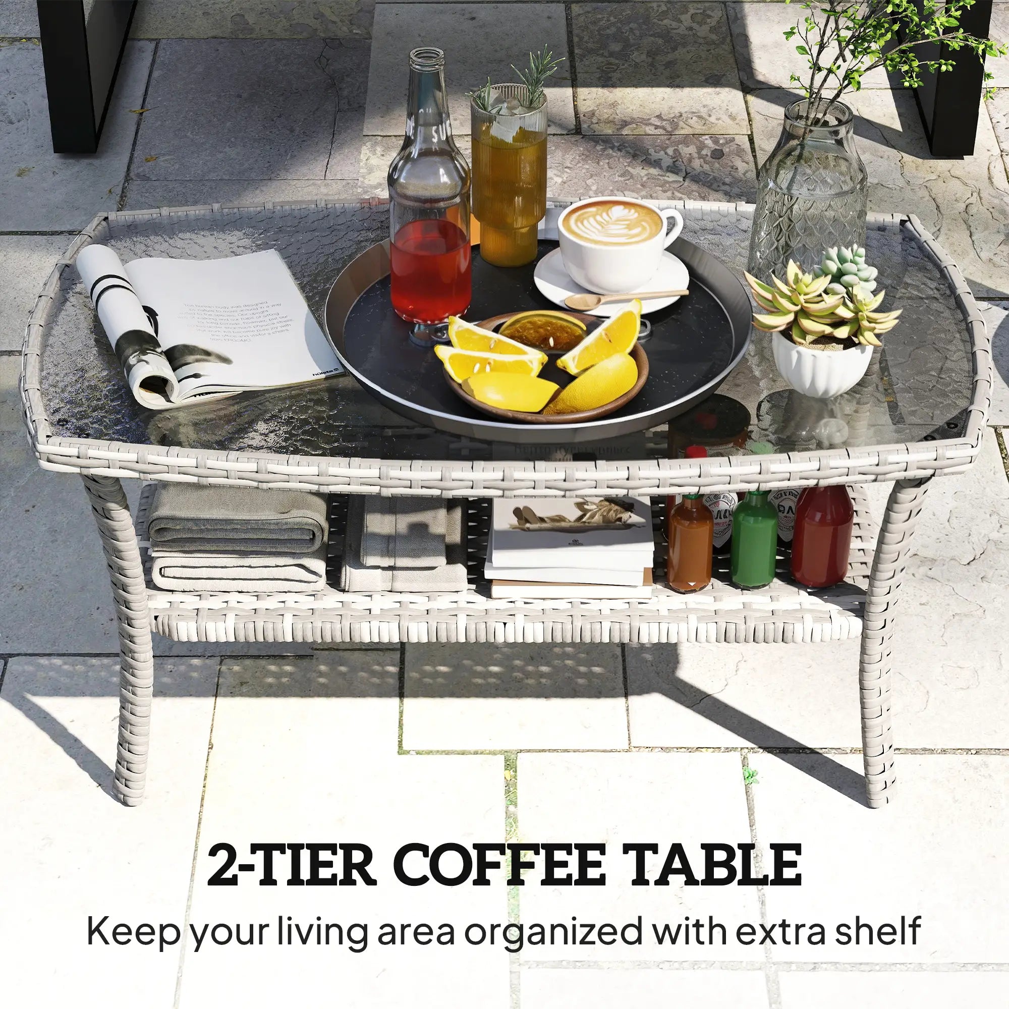 Outdoor Coffee Table With Storage, PE Wicker With Glass Top, Dark Grey Patio Side Tables at Gallery Canada