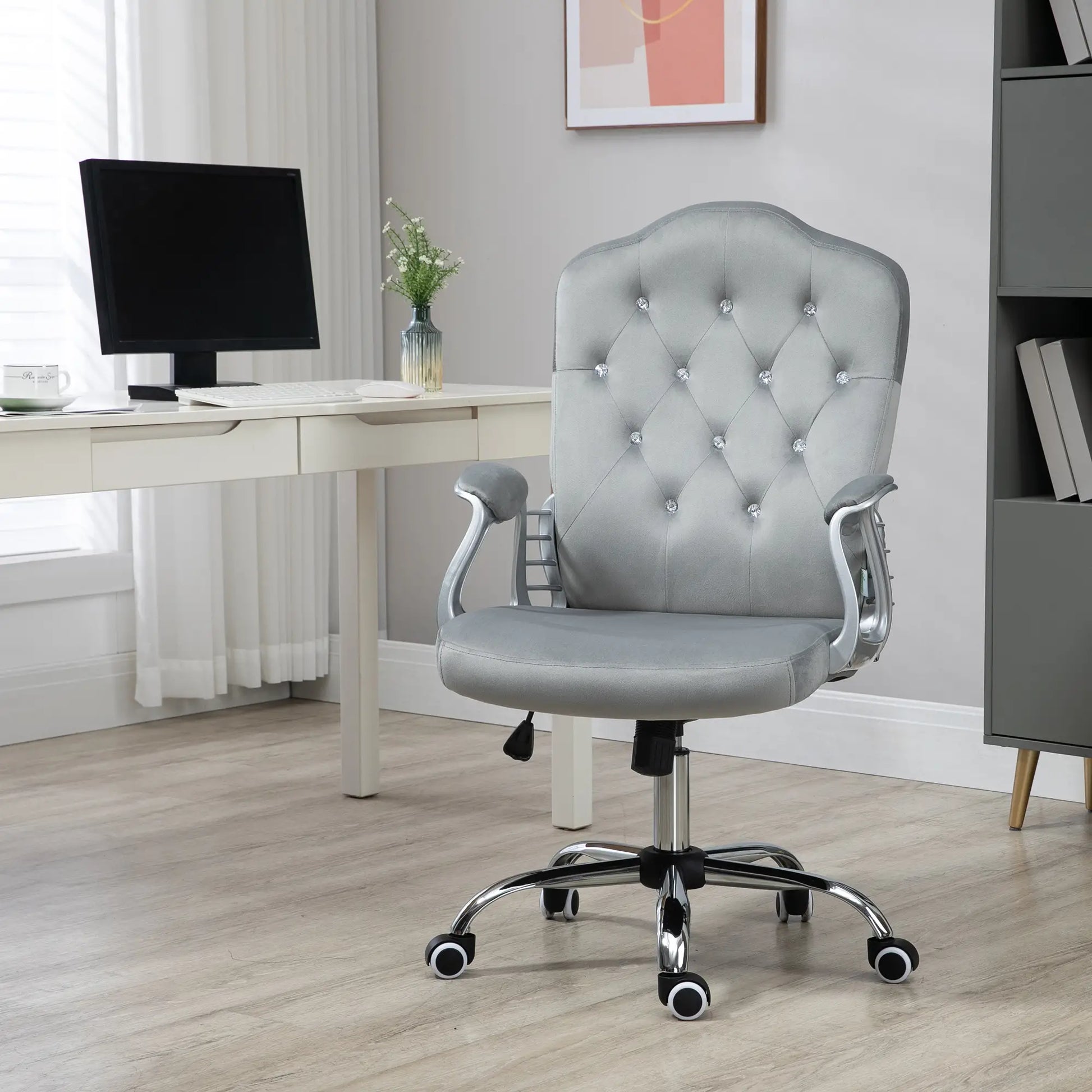 Velvet Office Chair, Button Tufted Desk Chair, Adjustable Height, Grey Executive & Manager Chairs at Gallery Canada