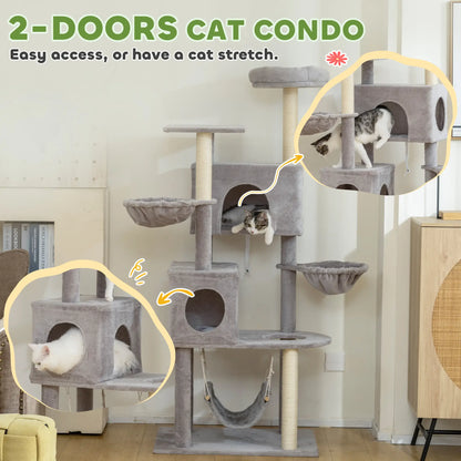 66 Inch Cat Tree with 2 Door Condos, 3 Hammocks, Perch, Scratching Posts, Light Grey Cat Trees at Gallery Canada