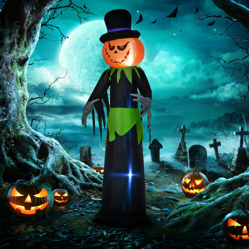 8ft Inflatable Pumpkin Head Ghost, Hat, LED Lights, Yard Decoration