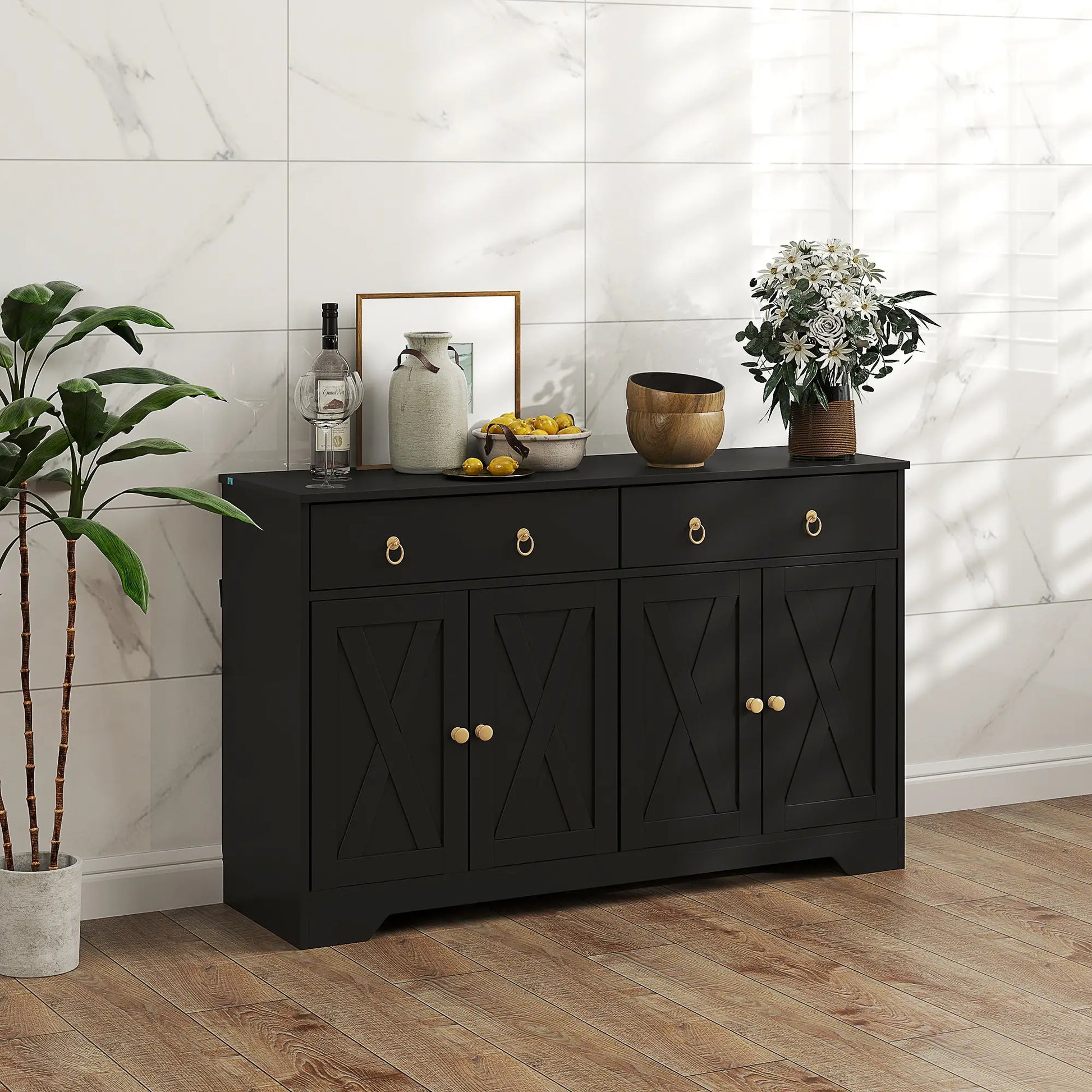 Sideboard Cabinet, 2 Drawers, 4 Barn Doors, 2 Adjustable Shelves, Black Bar Cabinets at Gallery Canada