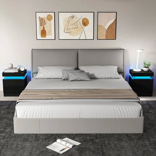 Nightstand Set of 2, End Tables with LED Lights, 2 Drawers, Black