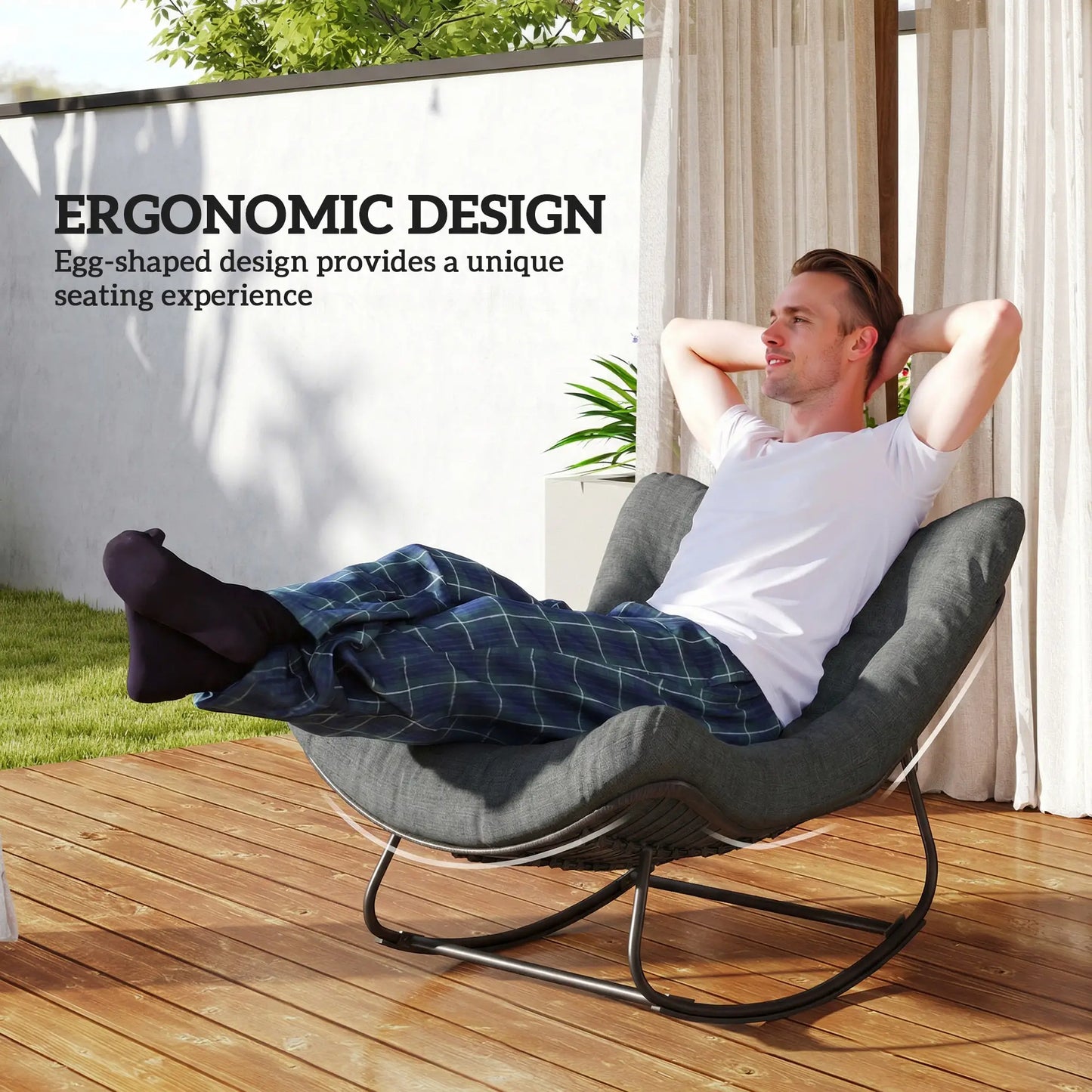 Oversized Patio Egg Rocking Chair, Padded Cushion, Rattan Wicker, Dark Grey Outdoor Rocking Chairs at Gallery Canada