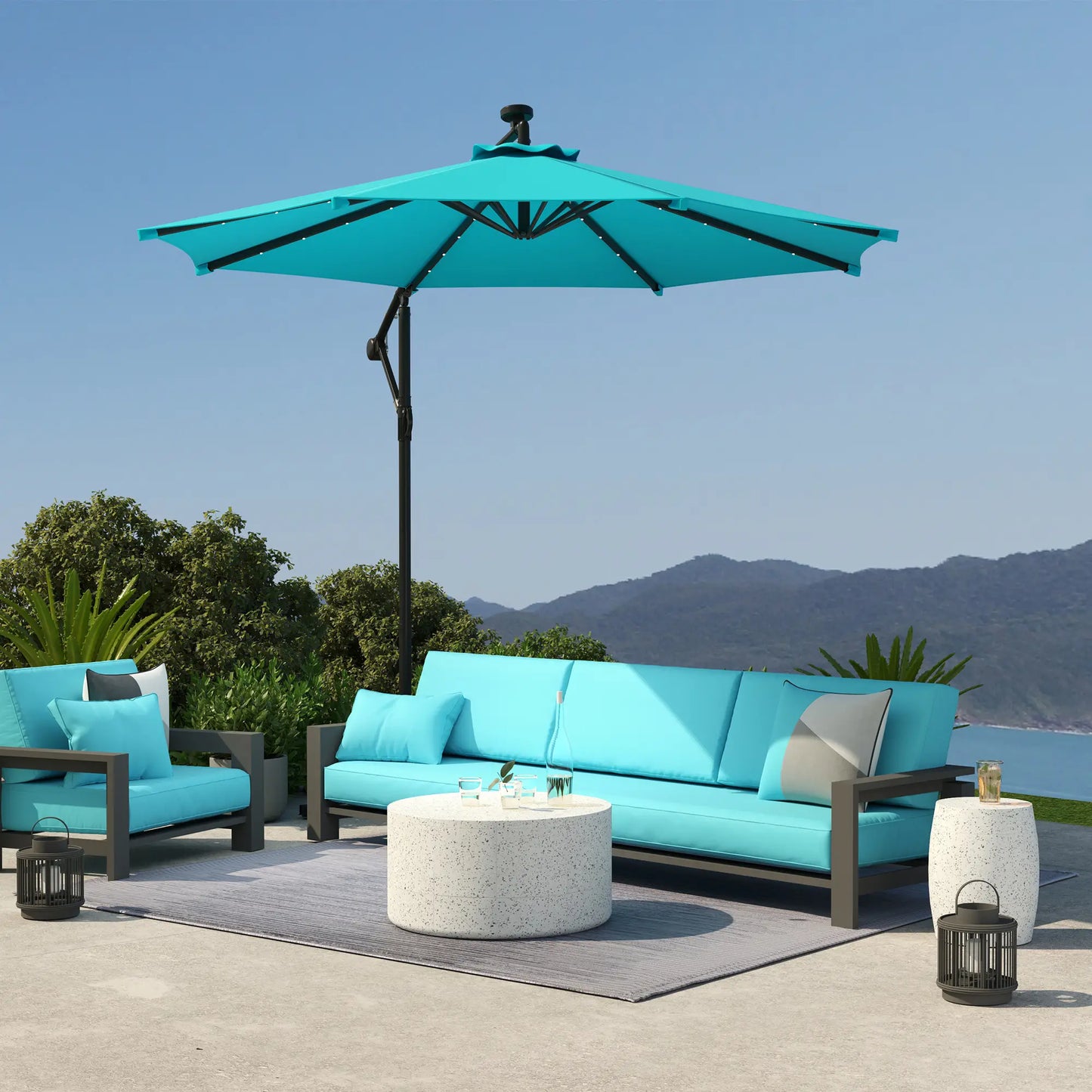 10ft Outdoor Cantilever Umbrella, Solar Lights, Adjustable Angle, Turquoise Offset Cantilever Umbrellas at Gallery Canada