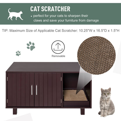 Wooden Cat Washroom Pet Litter Box Enclosure Kitten House Nightstand End Table with Scratcher Magnetic Doors Brown at Gallery Canada