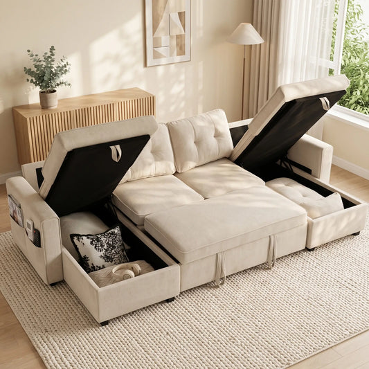 U Shaped Sectional Sofa Bed, 113" Pull Out Sleeper, Beige 3-Seater Sofas Beige at Gallery Canada