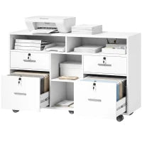 File Cabinet, Locking Drawers, Open Shelves, 5 Casters, White