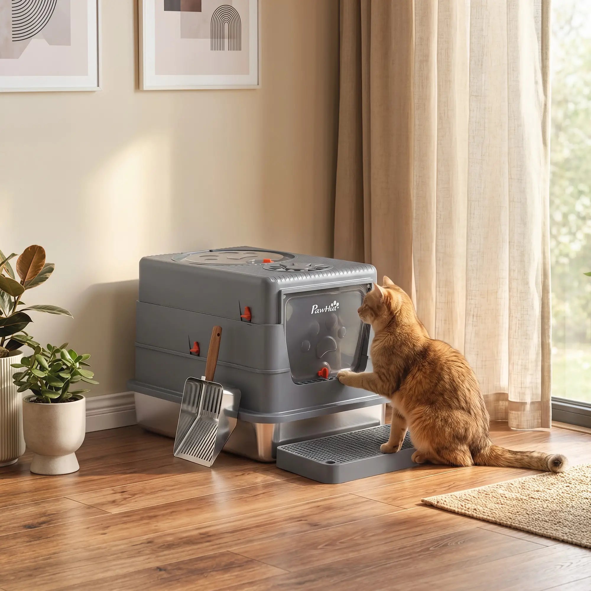 Enclosed Stainless Steel Cat Litter Box with Lid, Grey Cat Litter Box Enclosures at Gallery Canada
