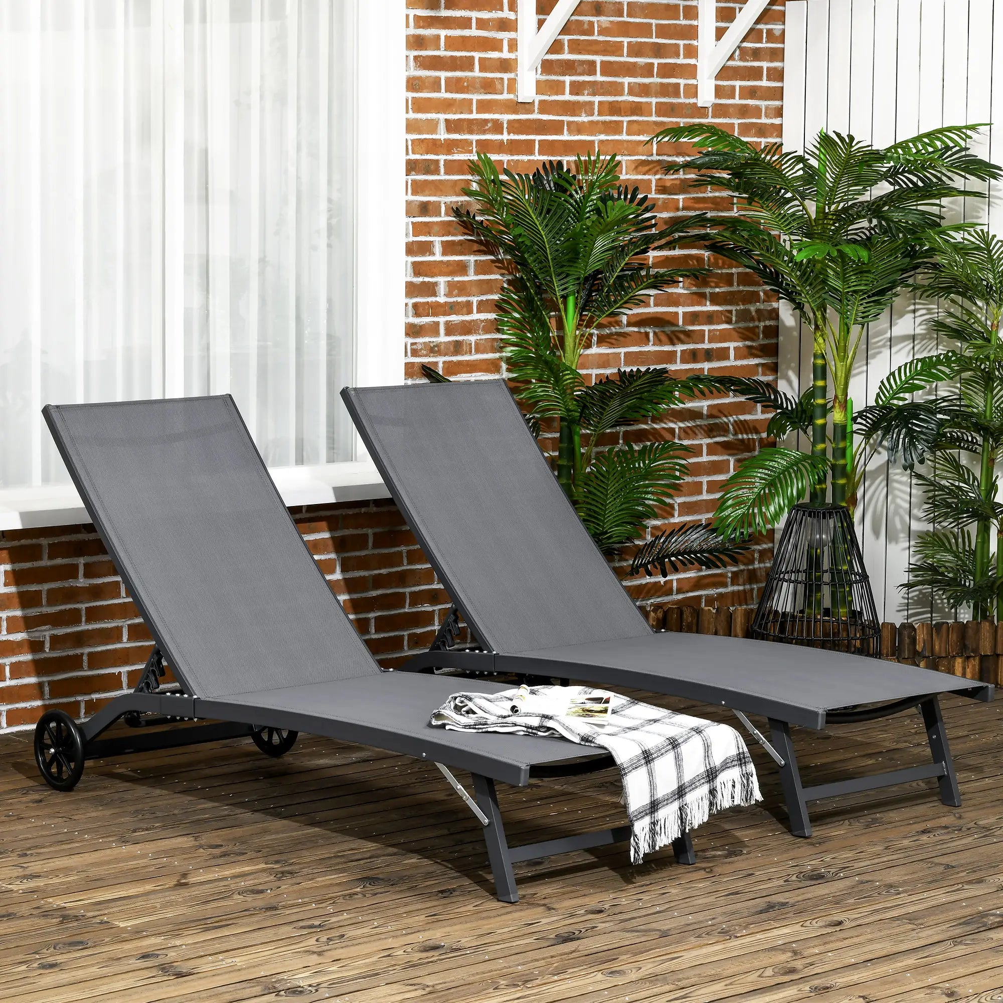Outdoor Lounge Chair Set of 2, Breathable Mesh, Wheels, Dark Grey Lounger Chairs at Gallery Canada