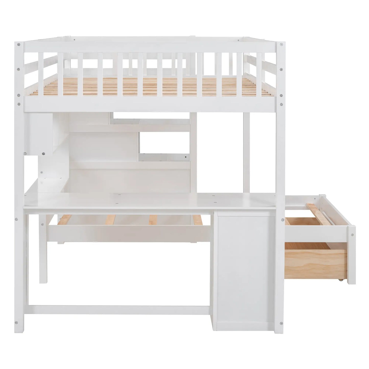 Over Twin Bunk Bed with Desk, Drawers, Shelves, 98" L x 80" W x 64.5" H, White Bed Frames at Gallery Canada