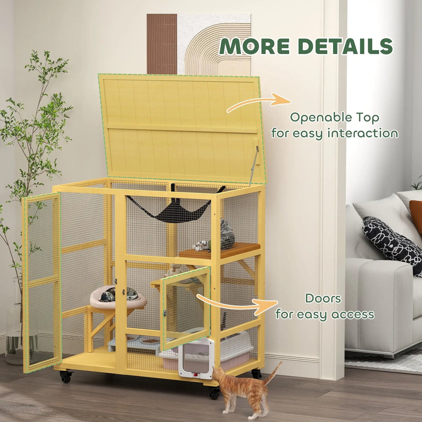 Wooden Cat Condo on Wheels, Cat Flap Door, Hammock, Openable Top, 2 Cats, Yellow Outdoor Cat Enclosures at Gallery Canada