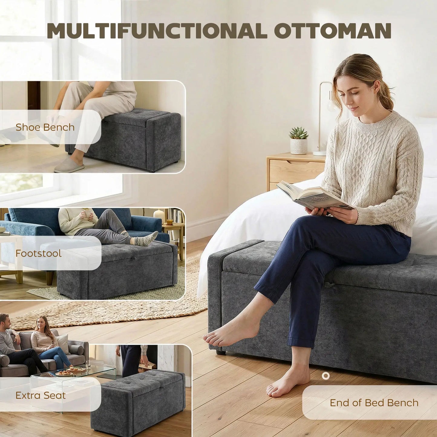 Storage Ottoman Bench, Linen Fabric, Wide Padded Seat, Dark Grey Storage Ottomans & Benches at Gallery Canada