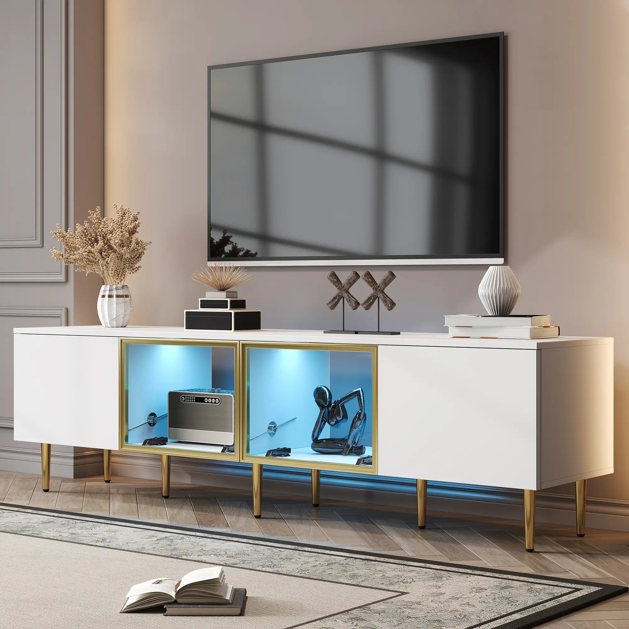 TV Stand, 4 Doors, Handles, Tempered Glass, LED Light, 67