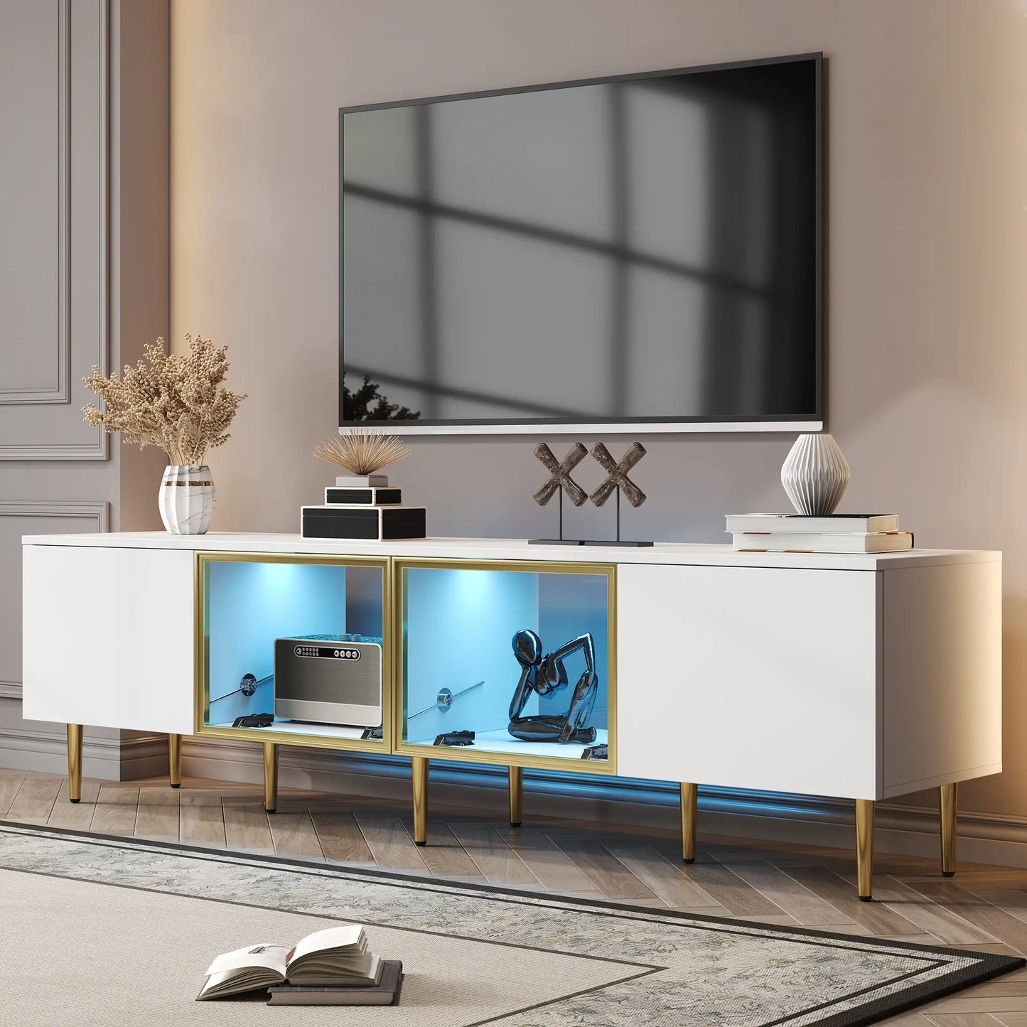 TV Stand, 4 Doors, Handles, Tempered Glass, LED Light, 67" L x 14.5" W x 18.5" H, White+Gold TV Stands at Gallery Canada