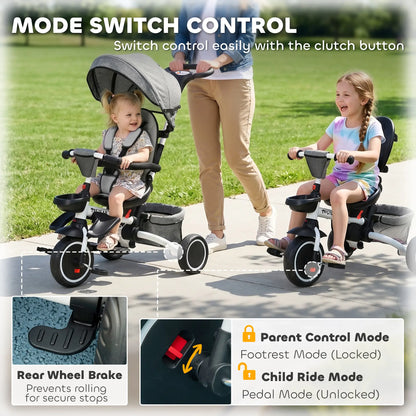 6-in-1 Toddler Tricycle, Adjustable Seat, Push Handle, Grey Tricycles for Kids at Gallery Canada