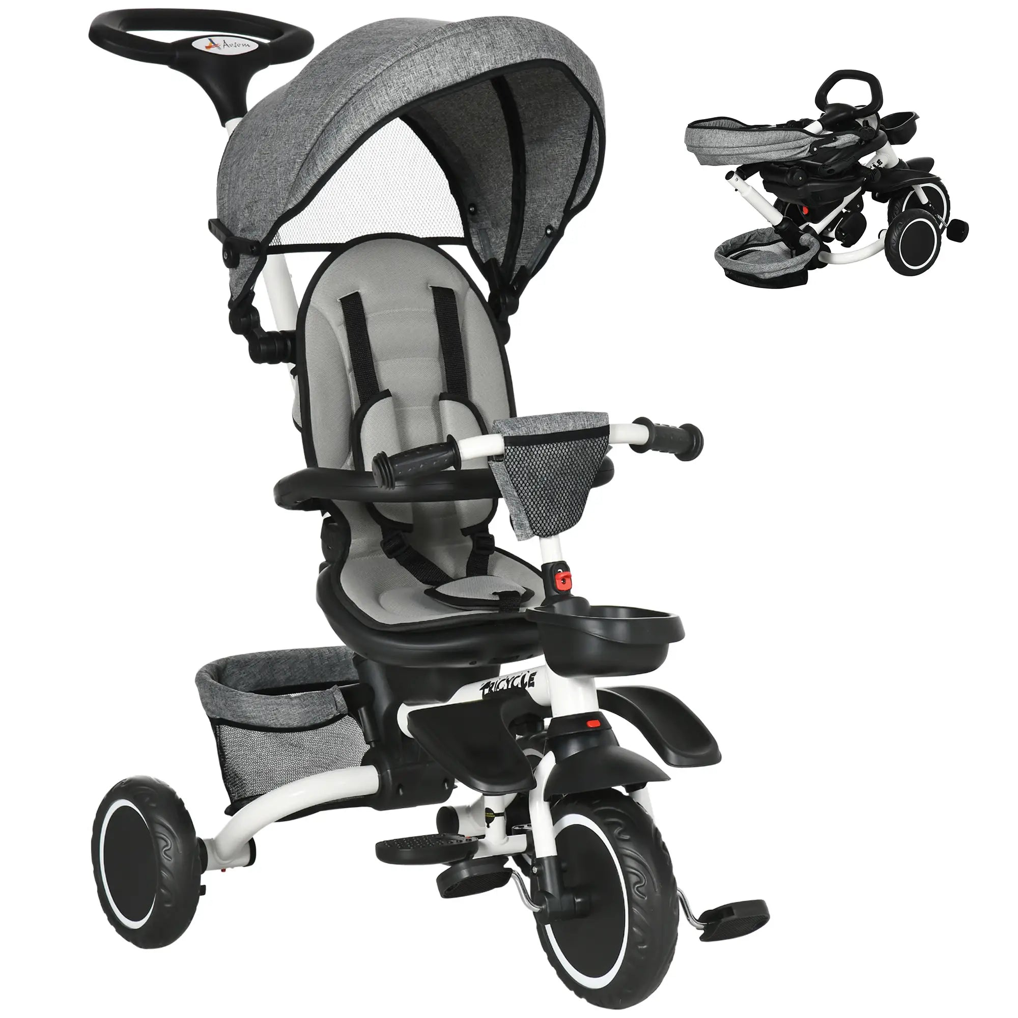 6-in-1 Toddler Tricycle, Adjustable Seat, Push Handle, Grey Tricycles for Kids Grey, White at Gallery Canada