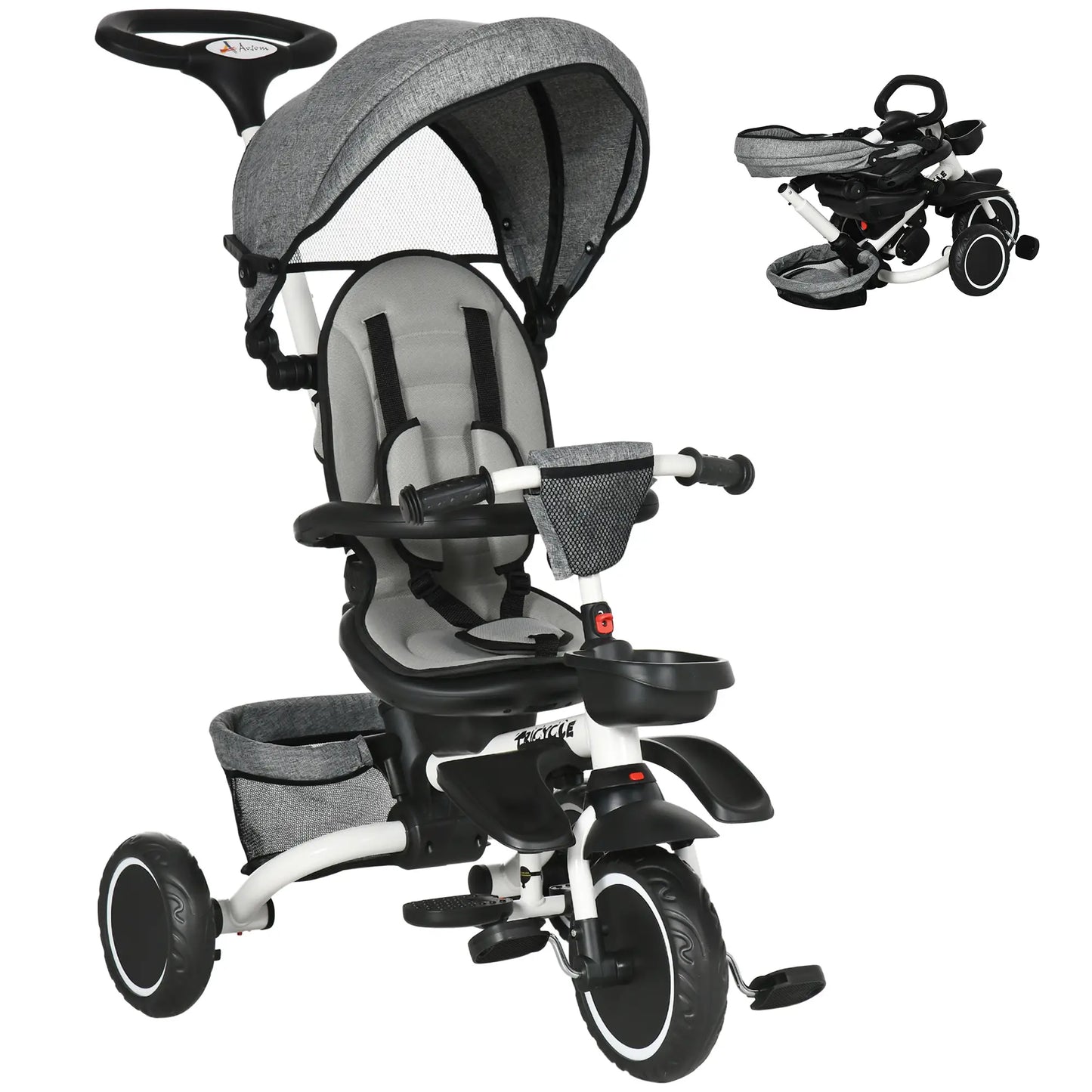 6-in-1 Toddler Tricycle, Adjustable Seat, Push Handle, Grey Tricycles for Kids Grey, White at Gallery Canada